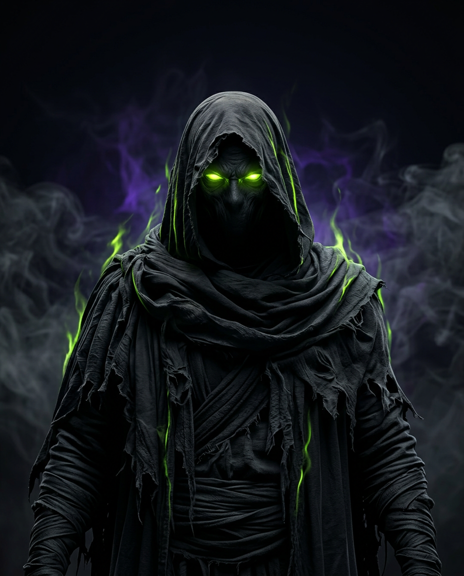 The Phantom — a hooded spectral figure wreathed in violet and green energy, chains shattered around him